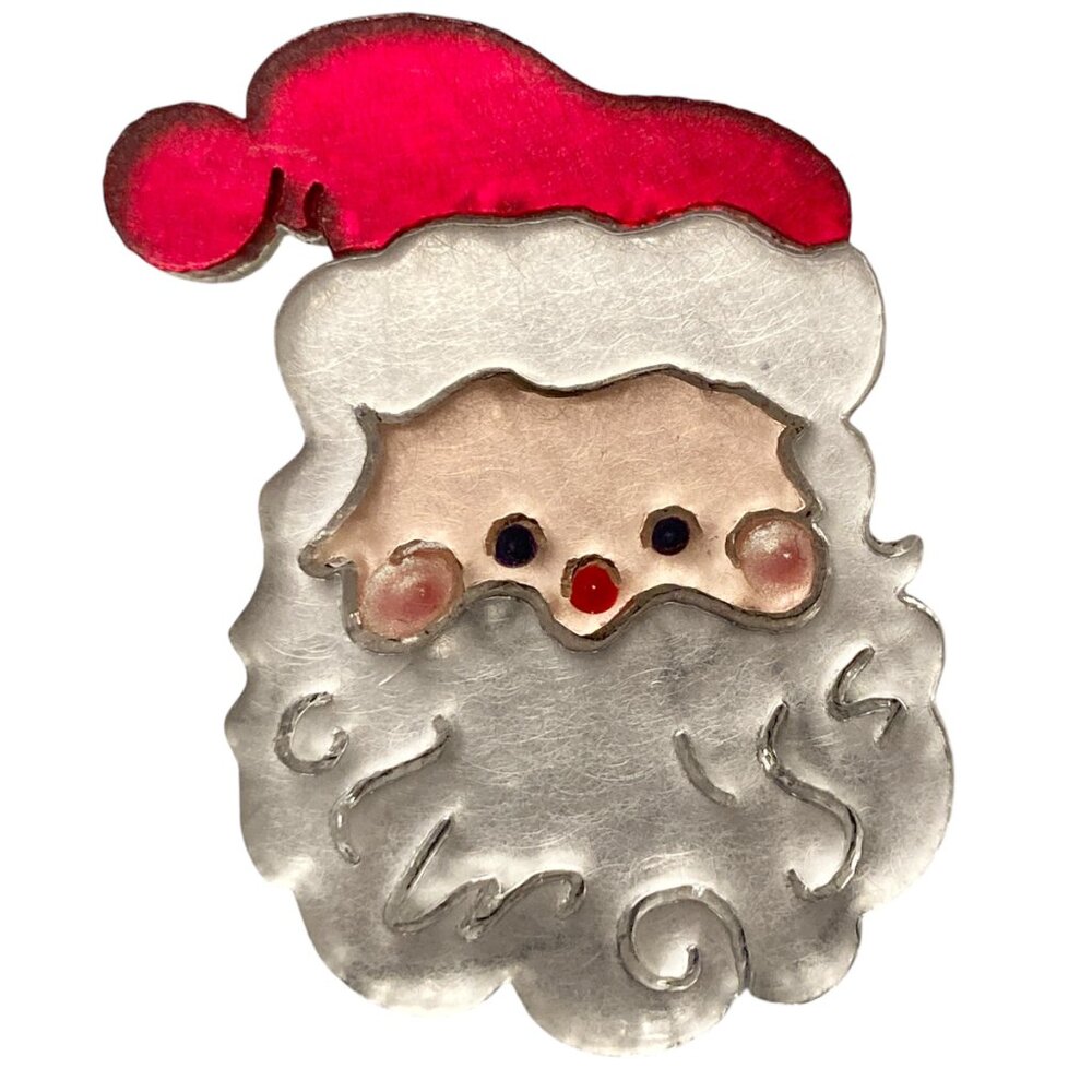 Vintage Santa Claus Christmas Pin Brooch Lapel Plastic Acrylic 70s Hat Beard